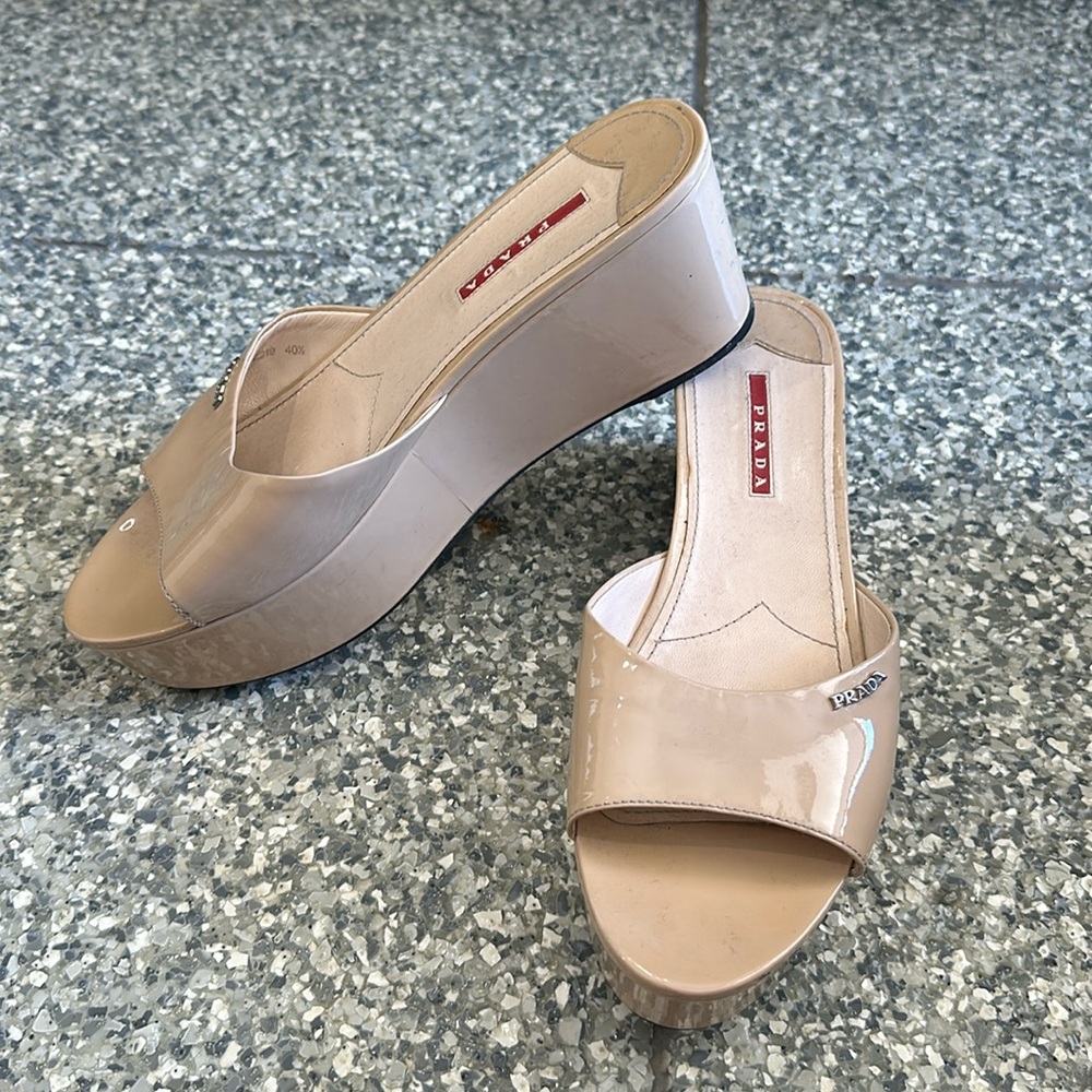 Prada Platform Patent Leather Nude Slides